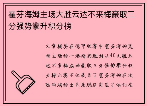 霍芬海姆主场大胜云达不来梅豪取三分强势攀升积分榜