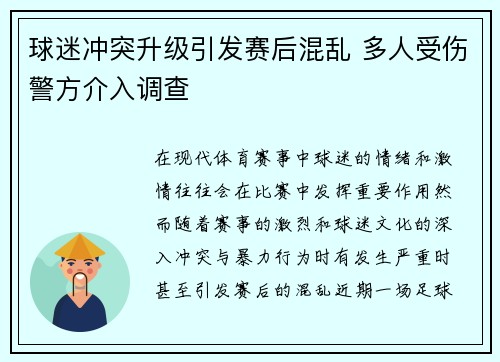 球迷冲突升级引发赛后混乱 多人受伤警方介入调查