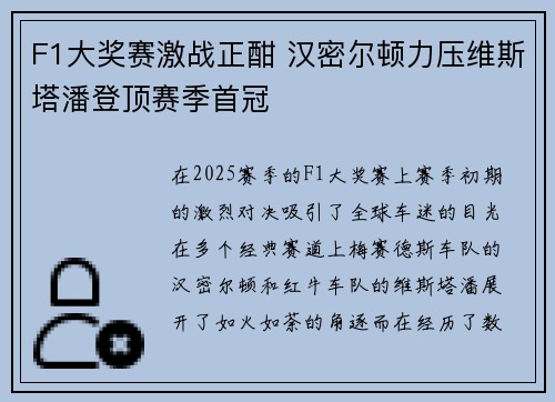 F1大奖赛激战正酣 汉密尔顿力压维斯塔潘登顶赛季首冠